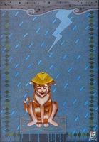 Un chat au ciré jaune sous un orage abstrait