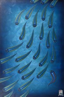 Un banc de poissons sur un fond bleu abstrait