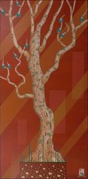 Un arbre en train de renaitre sur un fond abstrait couleur brique